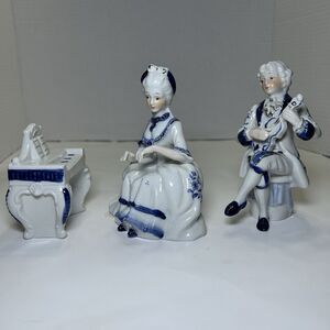 Vintage Victorian/Colonial Couple Playing Music Figurine White/Blue (3 Pc Set)